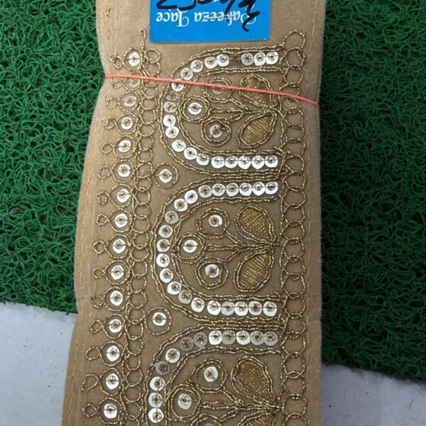 Premium Beige Embroidery Lace with Golden Thread & Sequin Work – 9 Meter Roll