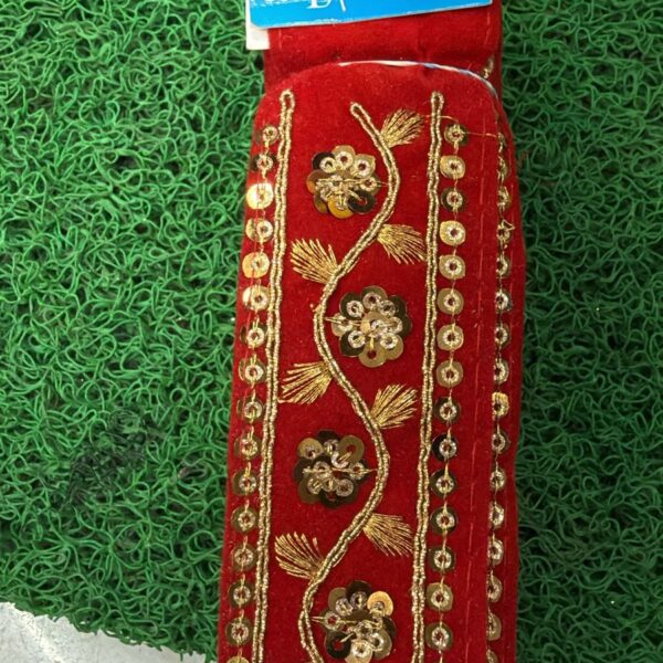 Premium Red Embroidery Lace with Golden Floral Vine & Sequin Work – 9 Meter Roll