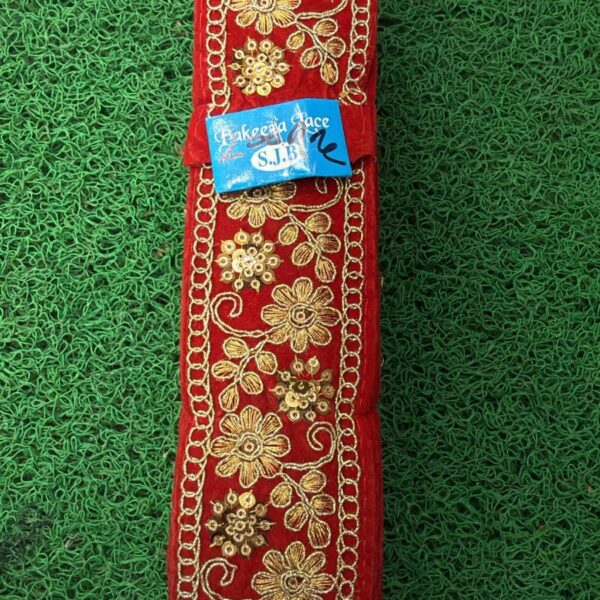 Premium Red Embroidery Lace with Golden Floral & Sequin Work – 9 Meter Roll