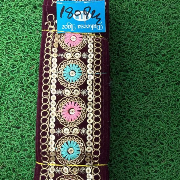 Premium Maroon Embroidery Lace with Multicolor Floral & Golden Sequin Work – 9 Meter Roll