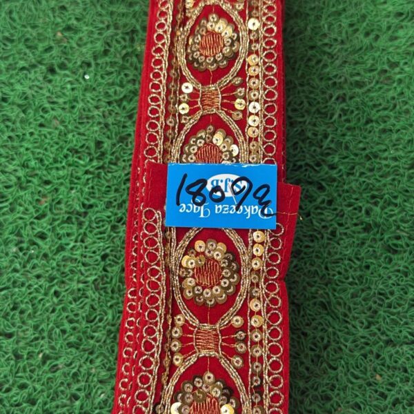 Premium Red Embroidery Lace with Golden Circular Sequin Design – 9 Meter Roll