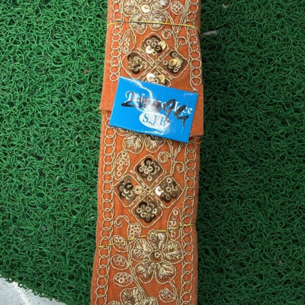 Premium Orange Embroidery Lace with Golden Floral & Sequin Work – 9 Meter Roll