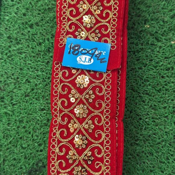 Premium Red Embroidery Lace with Golden Floral Vine & Sequin Work – 9 Meter Roll