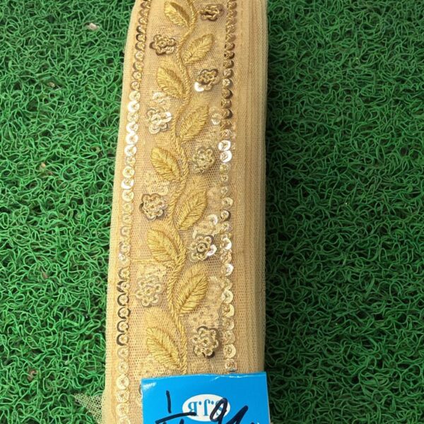 Premium Net Embroidery Lace with Golden Leaf & Floral Sequin Work – 9 Meter Roll