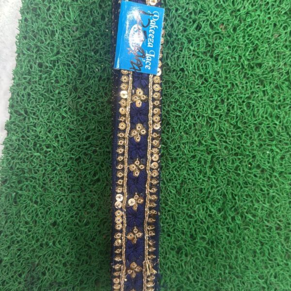 Elegant Blue Lace with Golden Zari & Sequin Work – 1.25 Inch