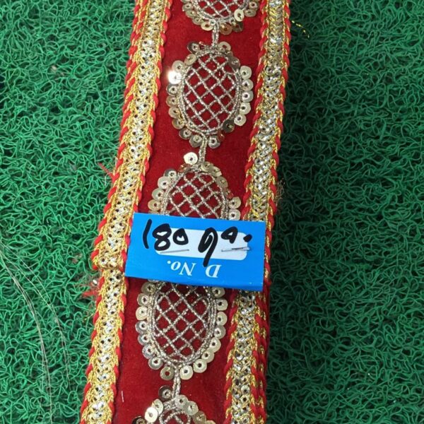 Premium Red Embroidery Lace with Golden Sequin Oval Design – 9 Meter Roll